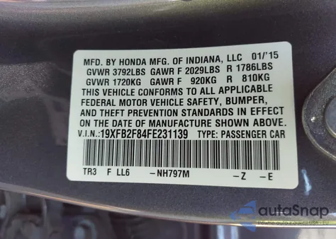 2015 Honda Civic Ex z USA, uszkodzony, nr VIN 19XFB2F84FE231139